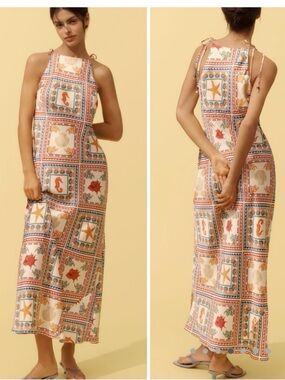 Anthropologie Coastal Print Maxi Dress in Cream, Coral and Blue